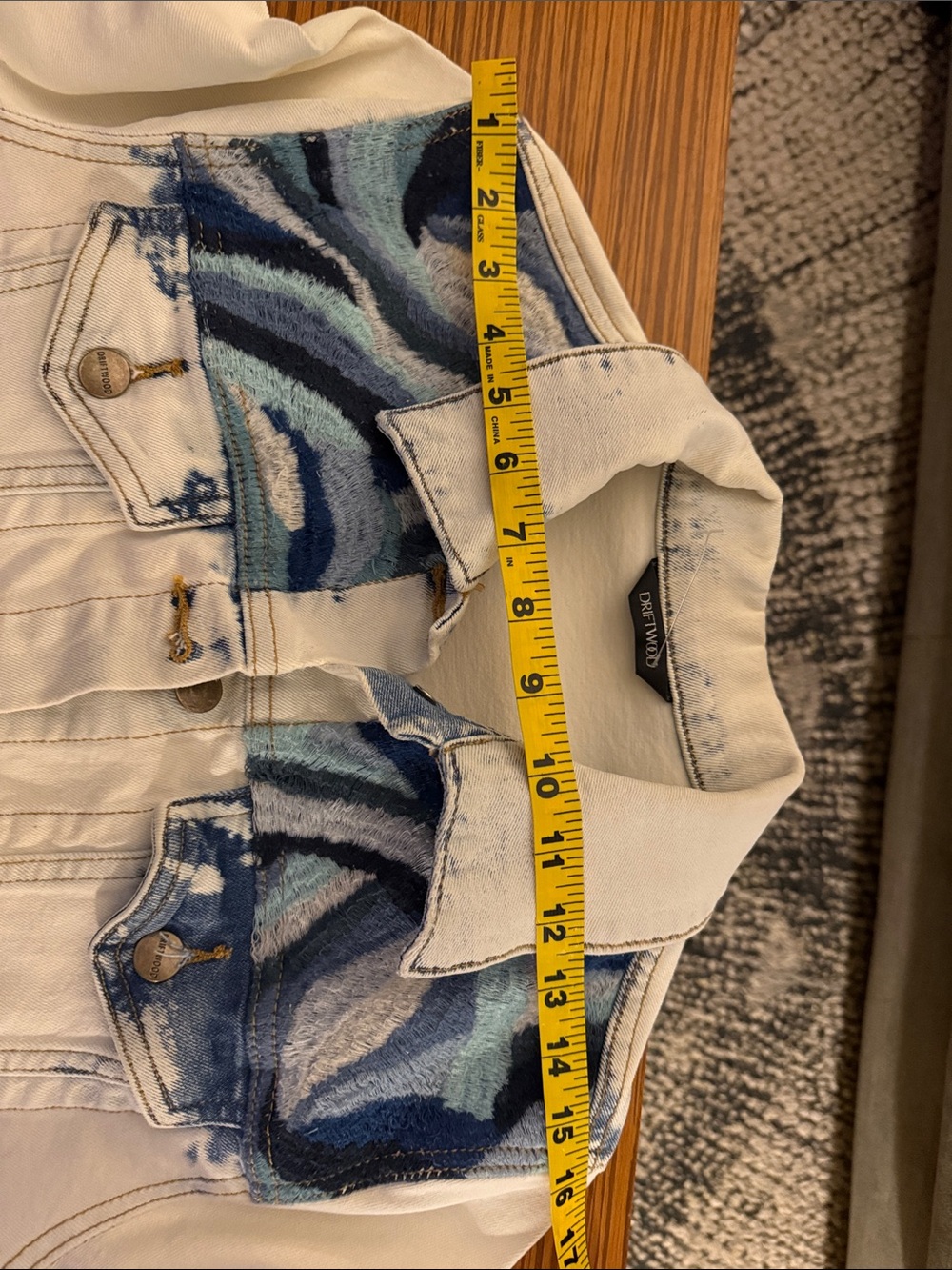 DRIFTWOOD White Jacket and bell bottom jeans with a beautiful blue crochet. - Picture 11 of 14